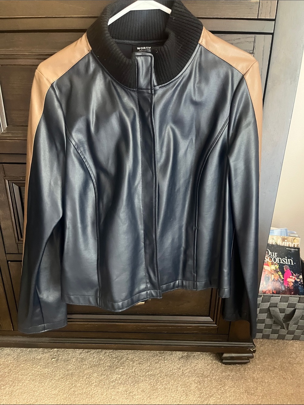 Worth Black Faux Leather Jacket with Tan Shoulder Panels